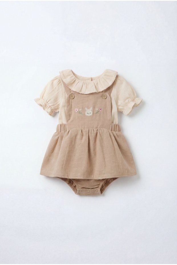 Baby Girl Cotton Beige Rabbit Embroidered Dress
