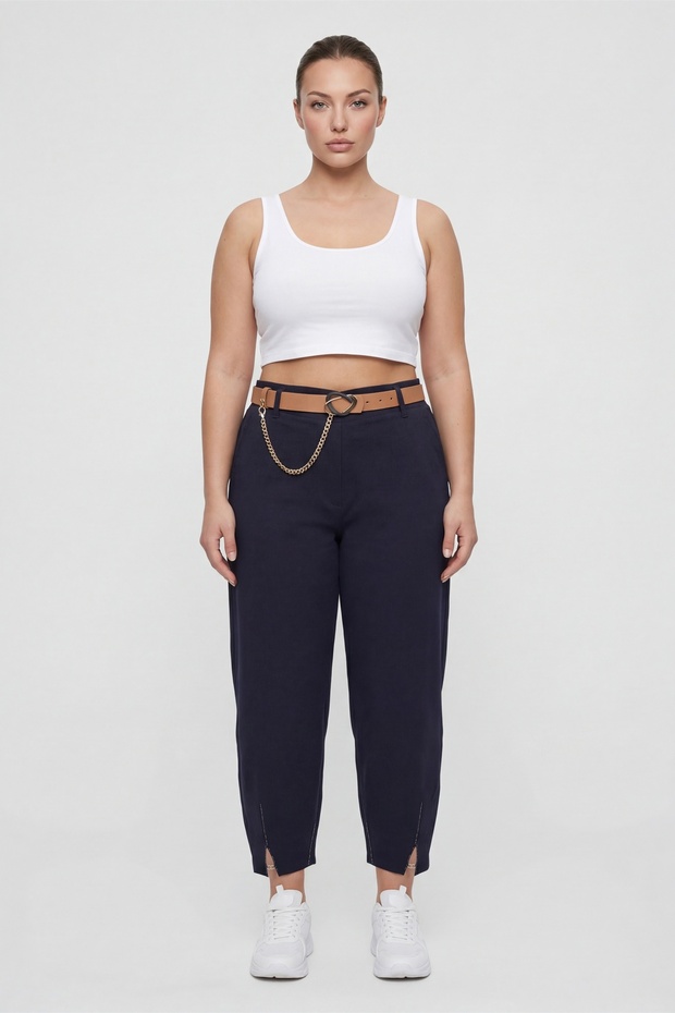 Women's Navy Blue Summer Slim Trousers with Belt and Accessory Detail at the Hem