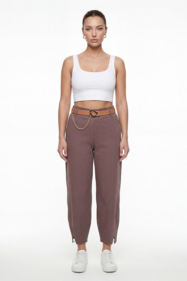 Women's Brown Summer Slim Trousers with Belt and Accessory Detail at the Hem
