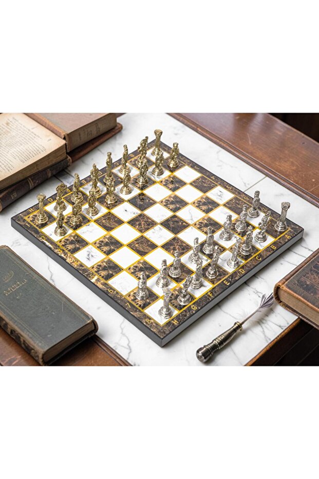 Luxury Metal Chess Set with Roman Army Figures & Amber Marble Pattern, 20 cm Decorative Chess Set