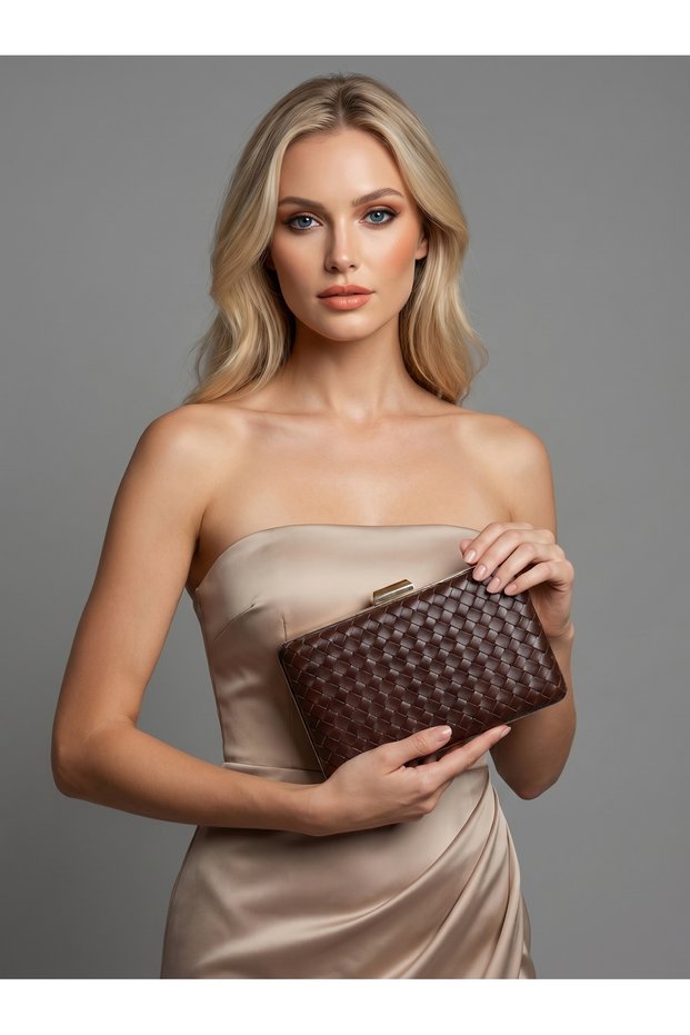 Brown Silver Detailed Hand-Woven Leather Special Series Women's Evening Dress Bag