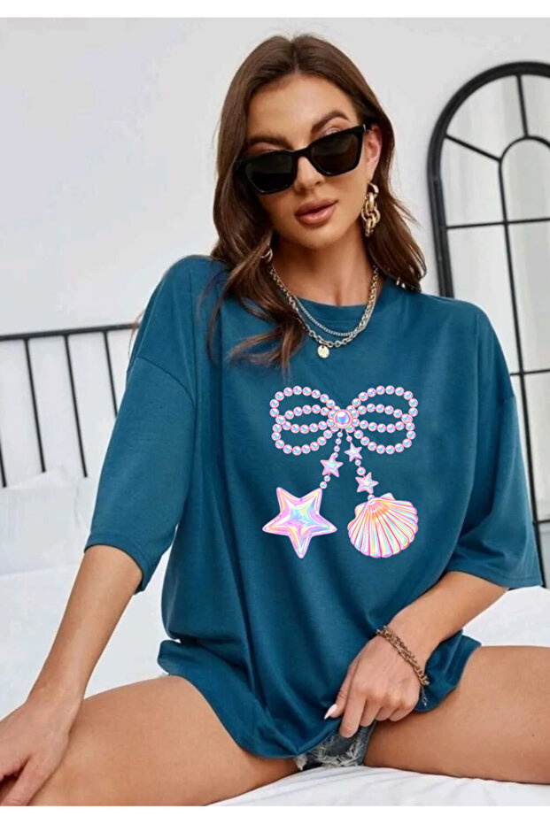 Pearl Ribbon Printed Oversize Crew Neck Short Sleeve Women's Tshirt