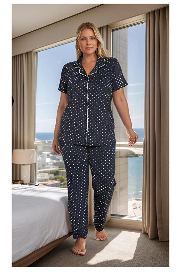 Women's Oversized Button-Front Short-Sleeve Pajama Set C840-259