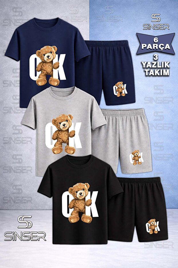 Children's Bear White Special Printed Crew Neck 3-Piece T-Shirt - Shorts Set