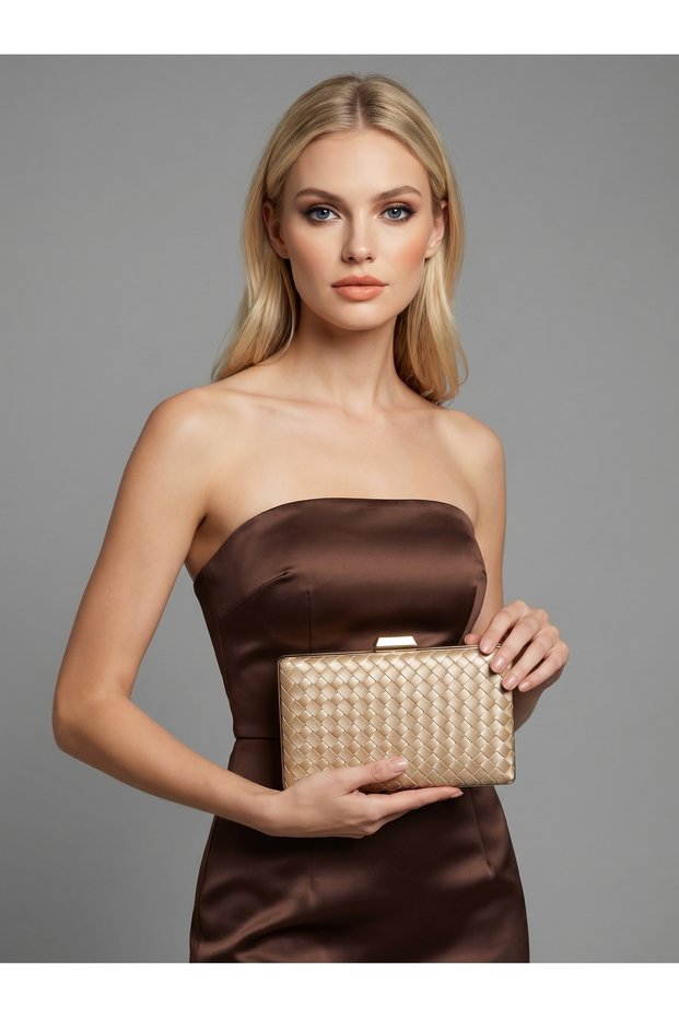 Beige Color Silver Detailed Hand-Woven Leather Special Series Women's Evening Dress Bag