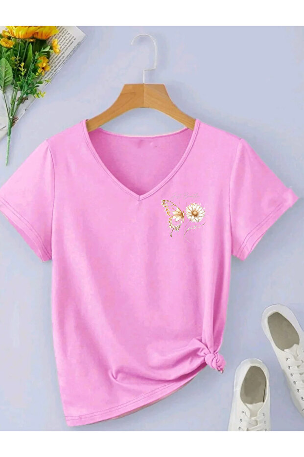 Butterfly Flower Printed V-Neck Short Sleeve Regular Women's Tshirt