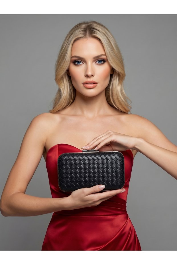 Black Color Silver Detailed Hand-Woven Leather Special Series Women's Evening Dress Bag