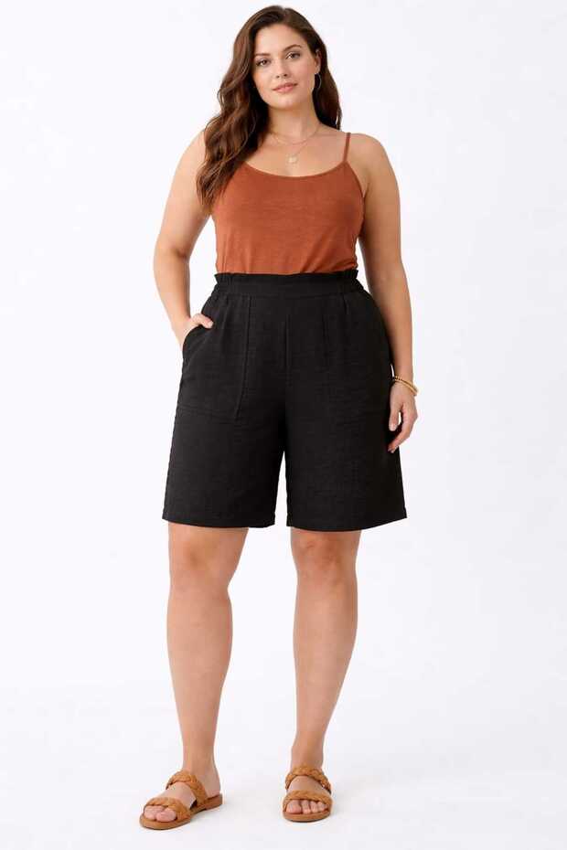 Plus Size Black Elastic Waist Comfortable Fit Above the Knee Pocket Aerobin Fabric Women's Shorts