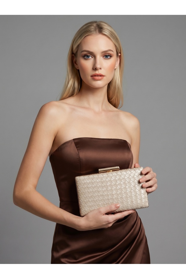 Beige Color Gold Detailed Hand-Woven Leather Special Series Women's Evening Dress Bag