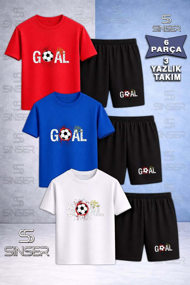 Children's Goal Stained Text Top Custom Printed Crew Neck 3-Piece T-Shirt - Shorts Set