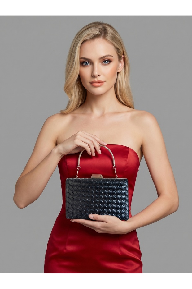 Black Color Silver Detailed Hand-Woven Leather Special Series Women's Evening Dress Bag