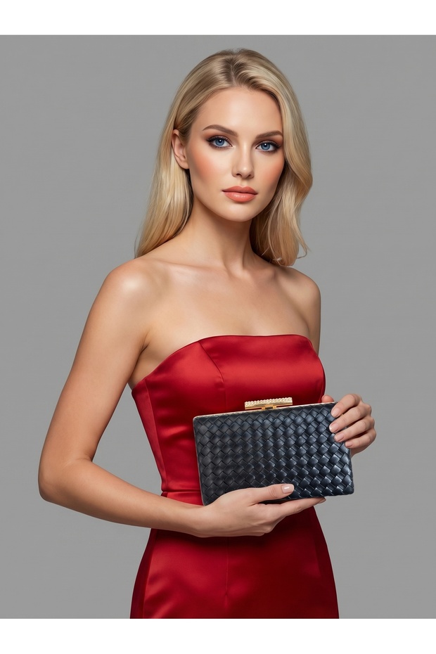 Black Color Gold Detailed Hand-Woven Leather Special Series Women's Evening Dress Bag