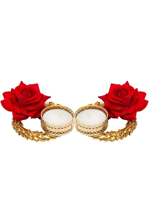 Red Rose Tea Light Holders – Set Of 2 – Beautiful Candle Holders For Diwali & Special Occasions