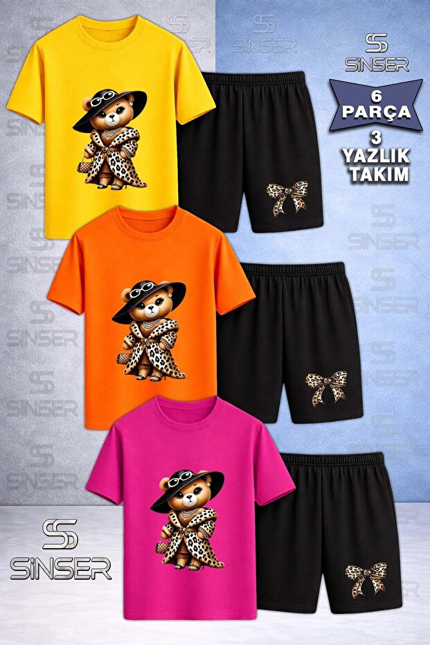 Children's Bear Leopard Fur Special Printed Crew Neck 3-Piece T-Shirt - Shorts Set