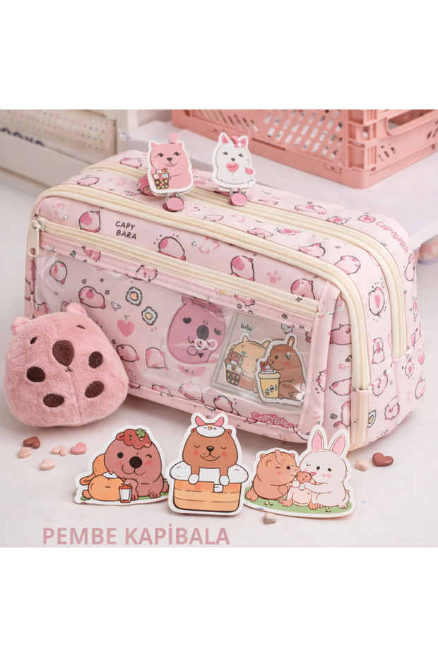 Cute Capybara Patterned Large Capacity Multi-Compartment Pen Holder Organizer Pencil Case