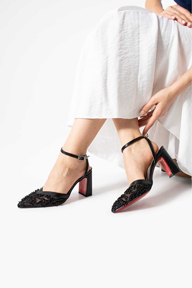 New Season Black Stiletto Mesh Beaded Knitted Heel Height 9cm Thick Heel