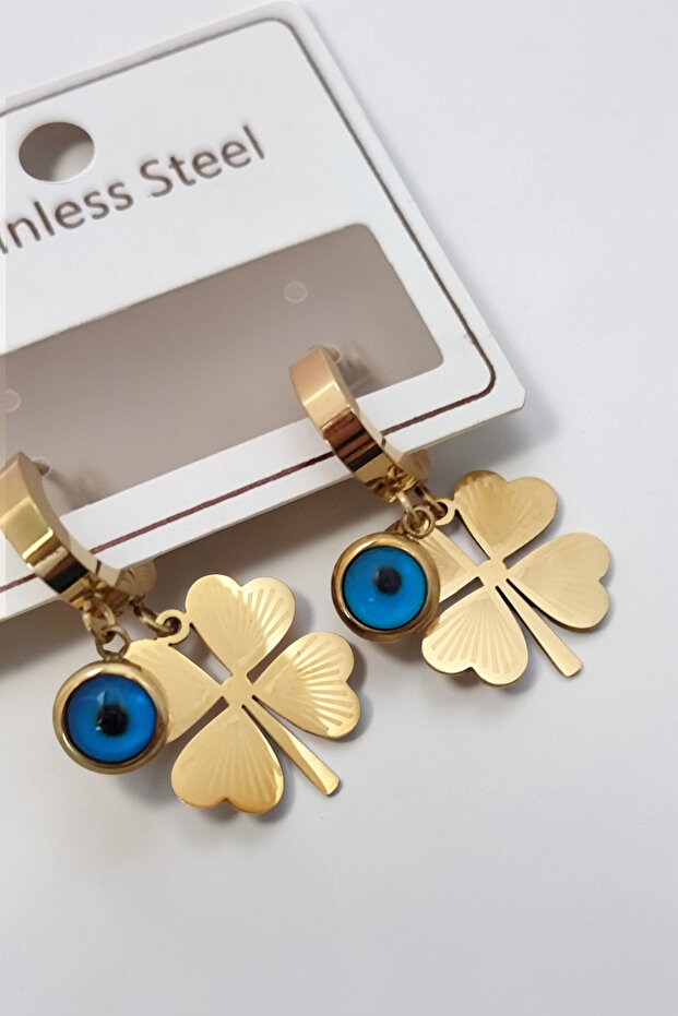 316L Stainless Steel Anti-Tarnish Evil Eye Beaded Clover Model Women's Earrings
