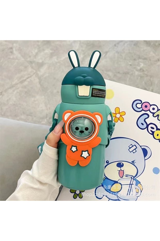 Children's Water Bottle with Cute Animal Figures - 500 ml Leak-Proof School Thermos with Straw, Green