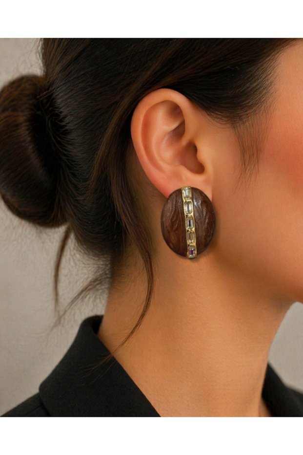 Women's Earrings - Marble Look Oval Earrings with Stone Detail
