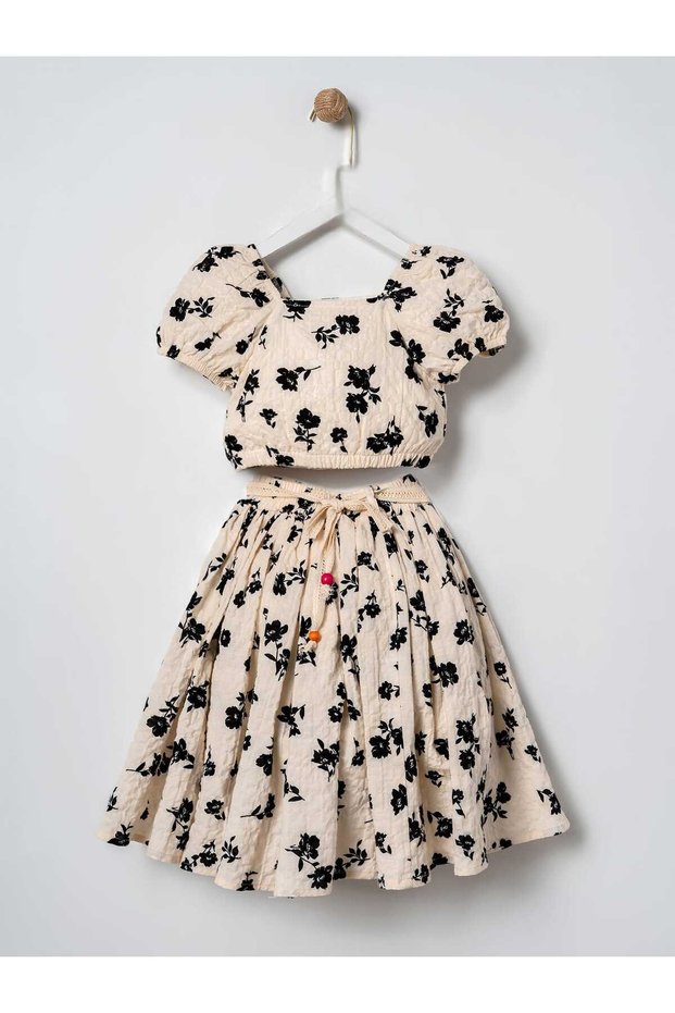 Floral Alaçatı Model Skirt Blouse Girls' Two-Piece Set Ecru