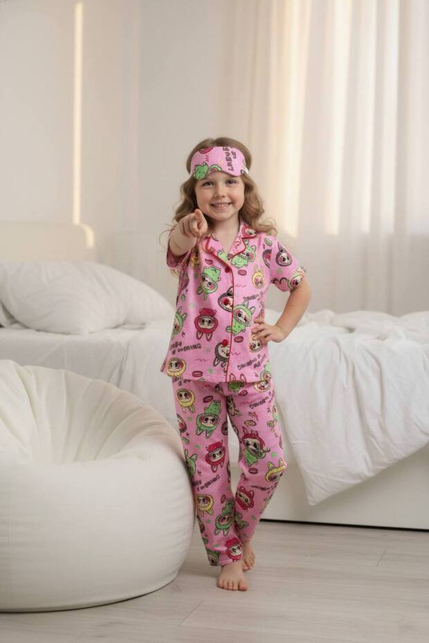 Pjkö Labubu Patterned Pink Short Sleeve Front Buttoned Girls' Pajama Set 4-12 Age 525K