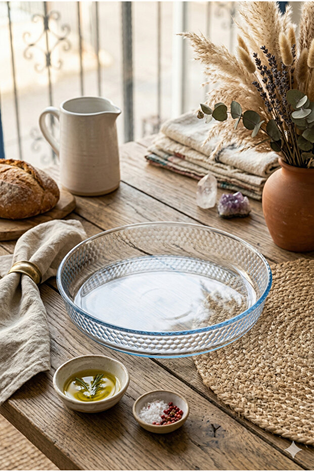 Round Patterned Glass Oven Dish 31 cm Heat Resistant Presentation Tray Large Size Stylish Oven Tray