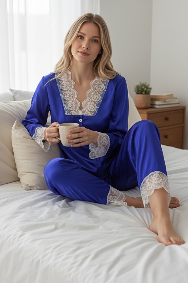 Cobalt Blue Color Lace Satin Pajama Set