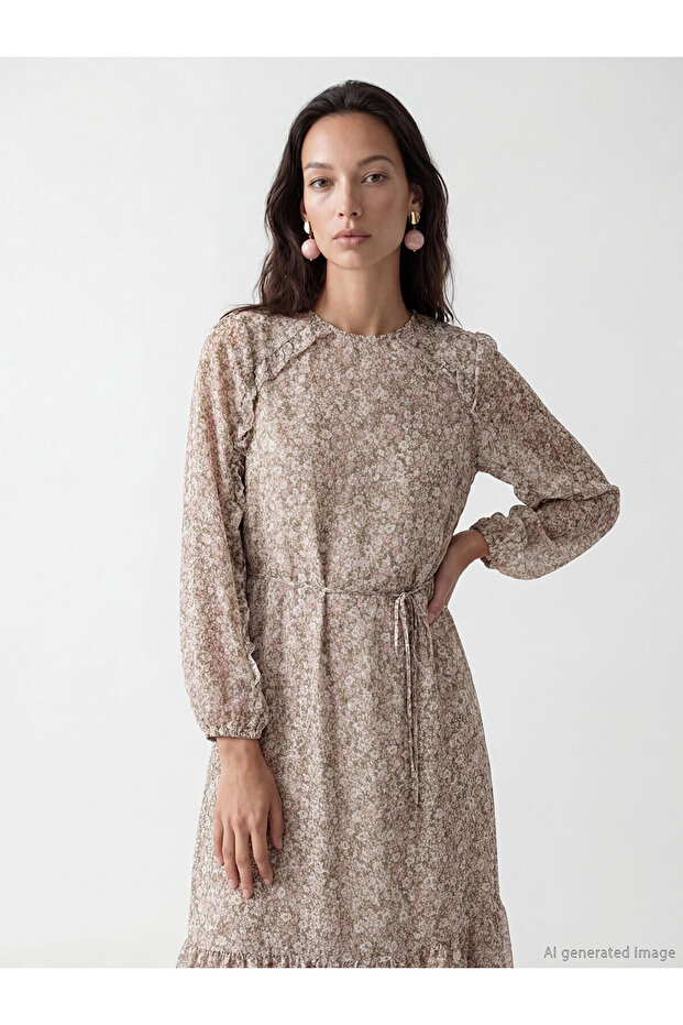 Nevavm Ruffled Oval Neck Floral Chiffon Dress with a Difference