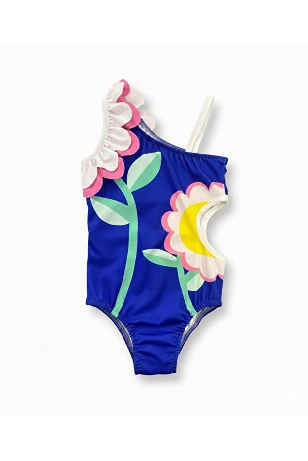 One-Shoulder Floral Patterned Girls' Swimsuit