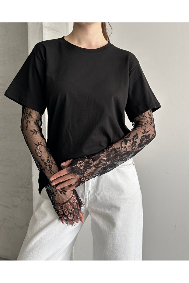 Eka Studios Transparan Dantel Kol Detaylı Modal Tshirt