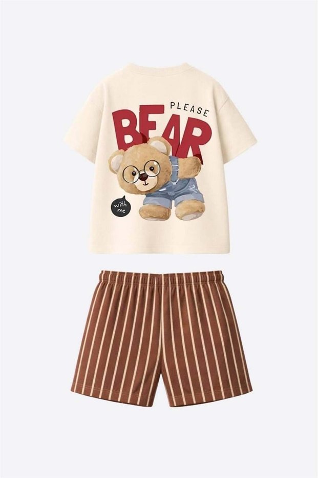 Bear with Glasses Printed Cream T-Shirt and Striped Brown Shorts Boys' Set