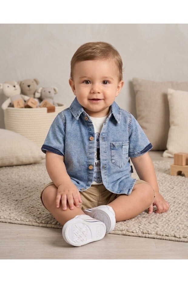 Baby Boy 3-Piece Stylish Holiday Set with Denim Shirt and Linen Shorts for 6-9-12-18-24 Months