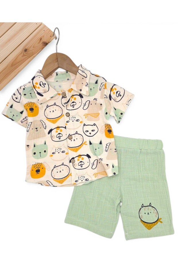 Baby Boy Animals Printed 6-9-12-18-24 Months Muslin Shirt Holiday 2-Piece Stylish Top and Bottom Set