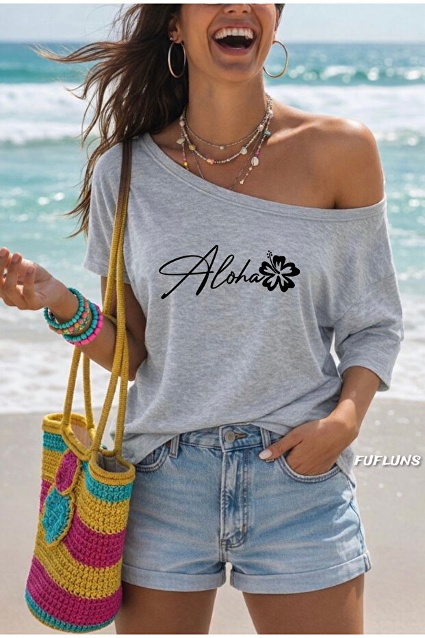 Aloha Flower Printed Oversized Women's Boat Neck T-Shirt