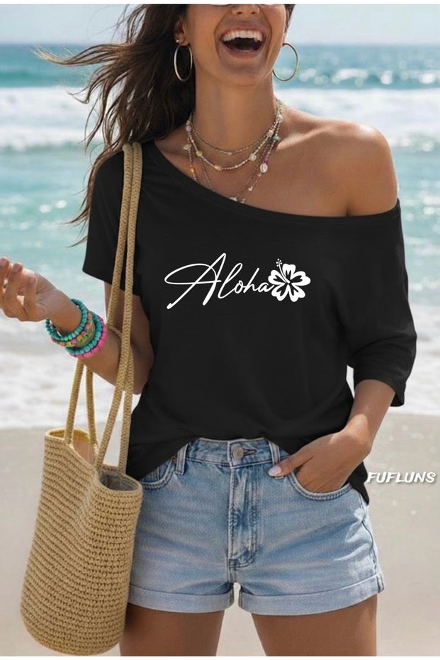 Aloha Flower Printed Oversized Women's Boat Neck T-Shirt