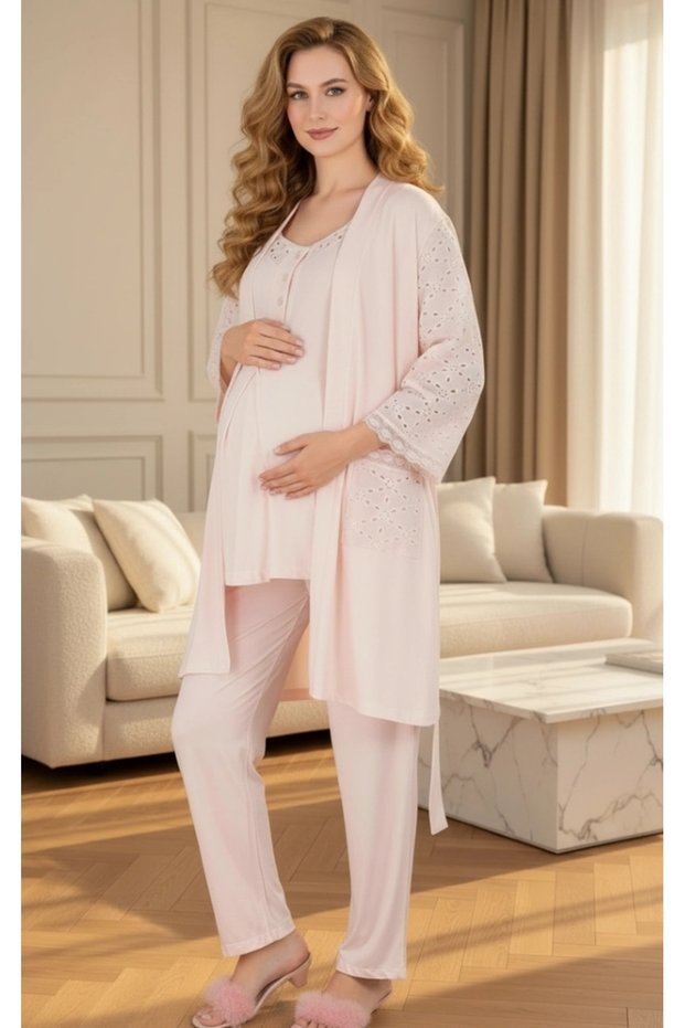 Women's Scallop Lace 3-Piece Maternity Pajama Set with Dressing Gown