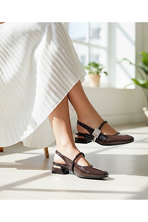 Sharp Toe Short Heel Open Back Shiny Stone Decorated Daily Dress Shoes Ballet Flats with Heels