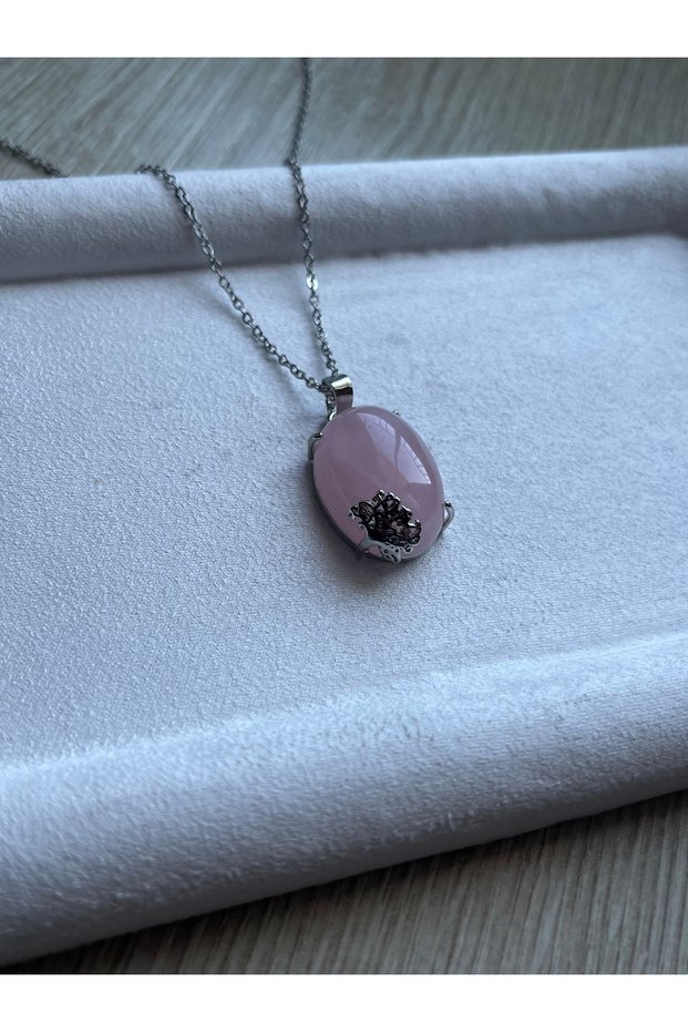 Pink Quartz Stone Tree of Life Steel Handmade Necklace