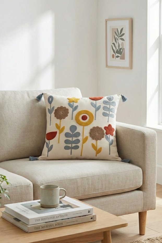 Decorative Star Flower Patterned Punch Embroidered Tassel Decorated Hidden Zipper Throw Pillow Cover 42X42 cm