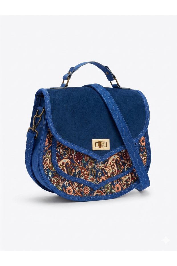 Women's Blue Suede Detailed Ethnic Patterned Shoulder Bag - Authentic Embroidered Hand and Crossbody Bag