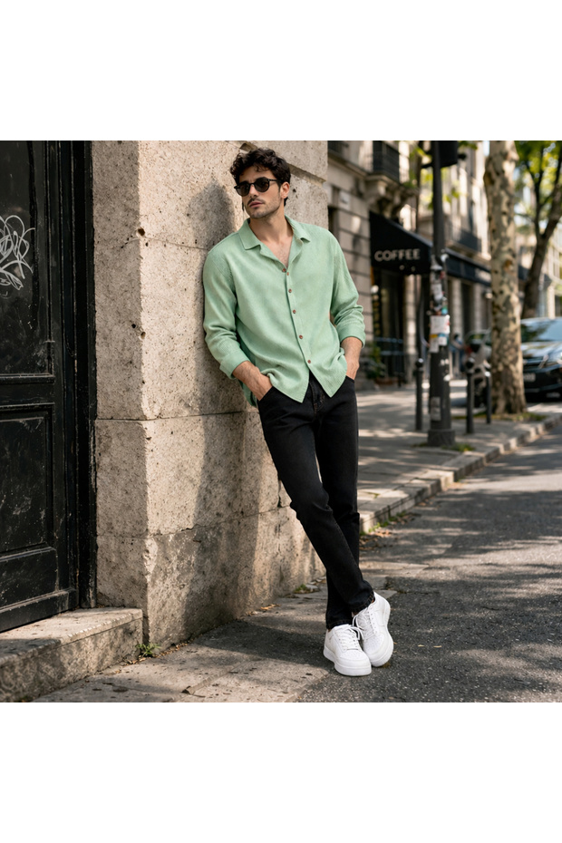 Corded Fabric Knit Shirt and Slim Fit Jeans Set