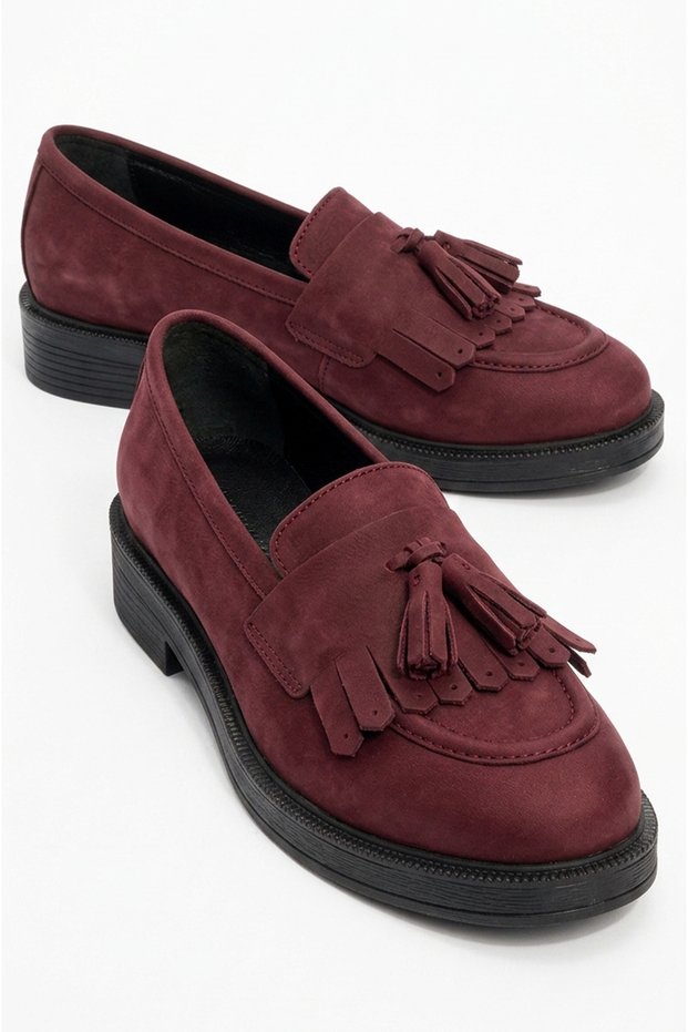 Tasseled Burgundy Nubuck Genuine Leather Women's Loafer Shoes Daily Classic Tassel Detailed Shoes
