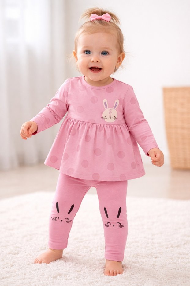 23504-26 Baby Girl Rabbit Printed Polka Dot Tights Long Sleeve Casual Comfortable 2-Piece Set