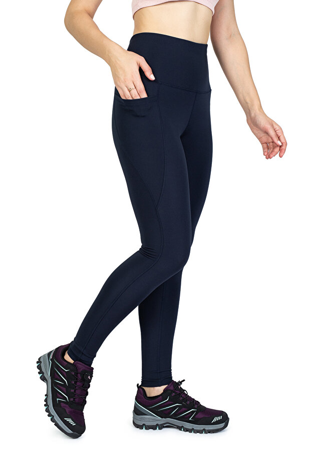 Step Nova Navy Blue High Waist Gathering Effect Soft Fabric Ankle Length Sports Leggings with Pockets