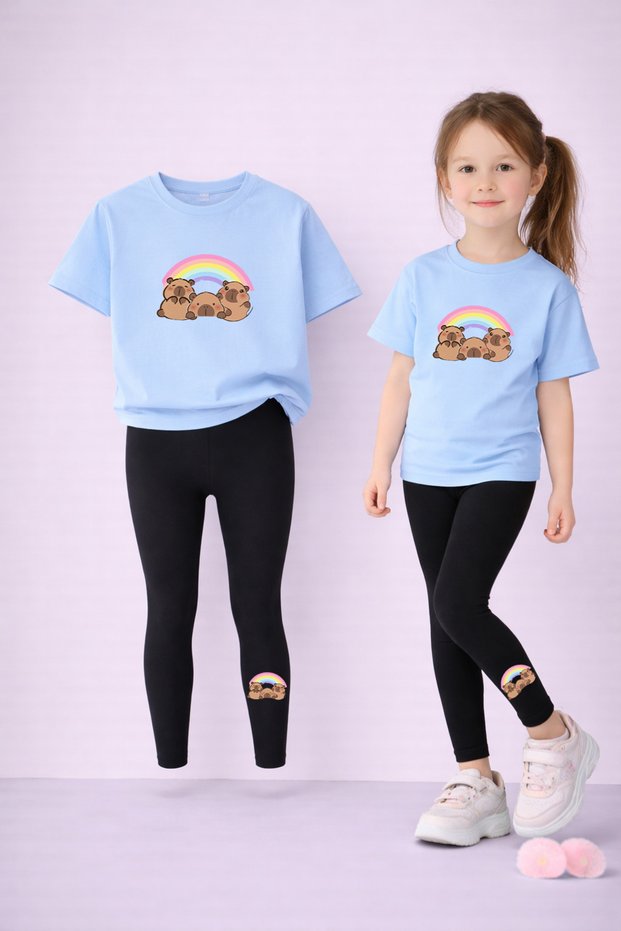 Mother Daughter Matching Leggings - T-Shirt Set 100% Cotton Printed Flexible Comfortable Casual Sporty Combination