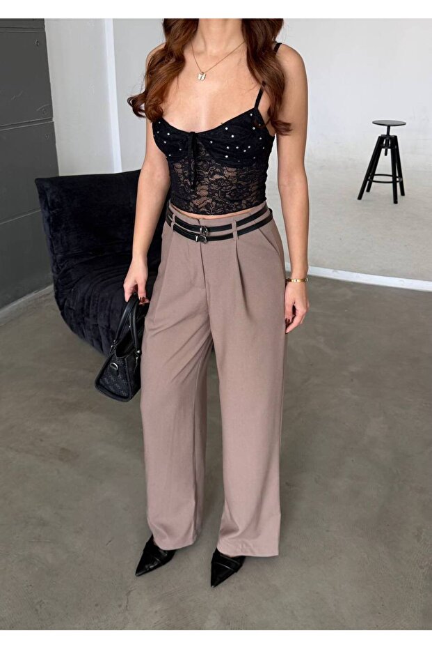 Double Belt Detail Palazzo Fabric Trousers - Mink Mink
