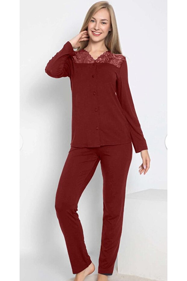 Women's Uzunkol Lace Front Buttoned Pajama Set Confeo C840-243