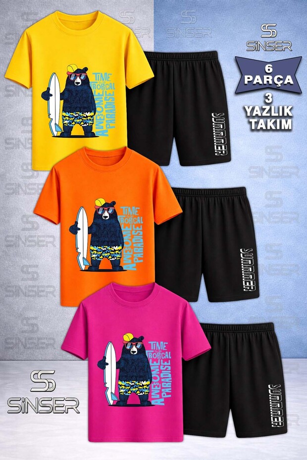 Children's Ayicik Syh Surf Hat Special Printed Crew Neck 3-Piece T-Shirt - Shorts Set
