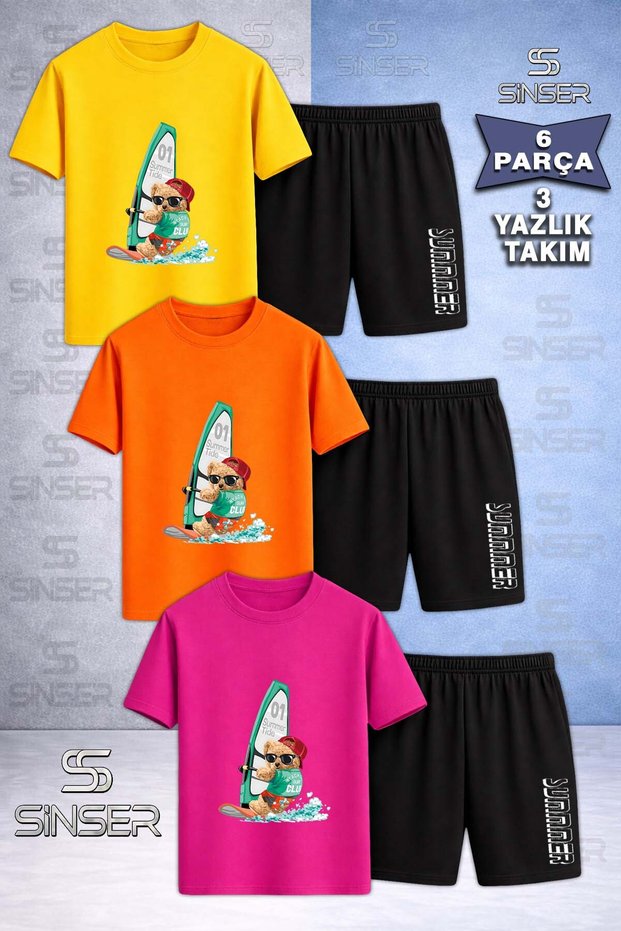 Children's Bear Surf Sea Special Printed Crew Neck 3-Piece T-Shirt - Shorts Set