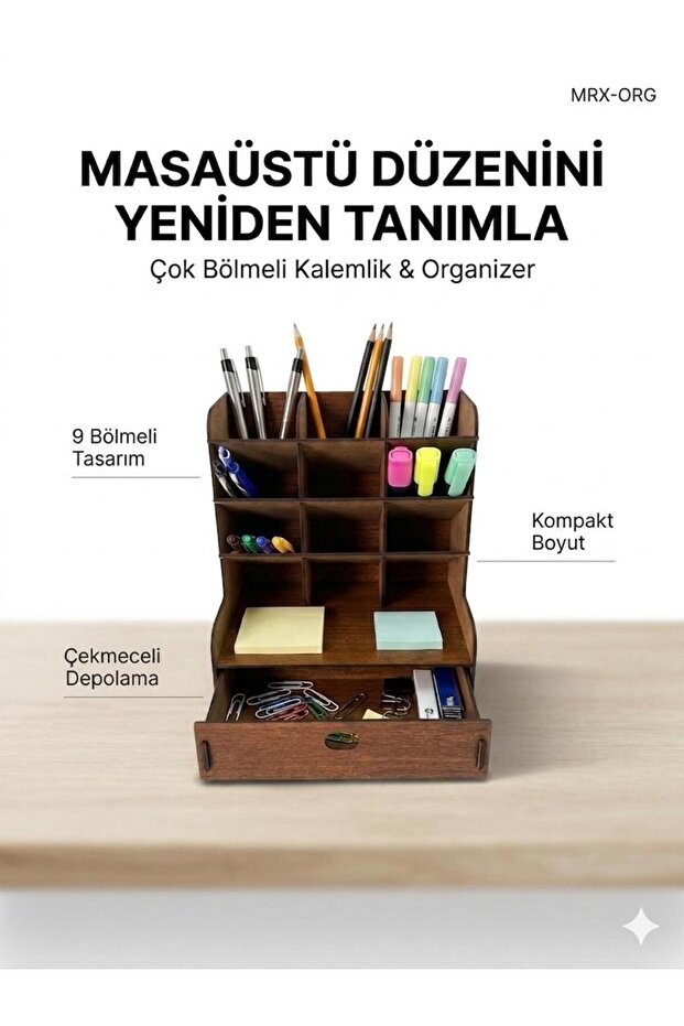 -Org Desktop Organizer | 9 Compartment Pen Holder, Desk Organizer with Drawer, Wooden Office Organizer